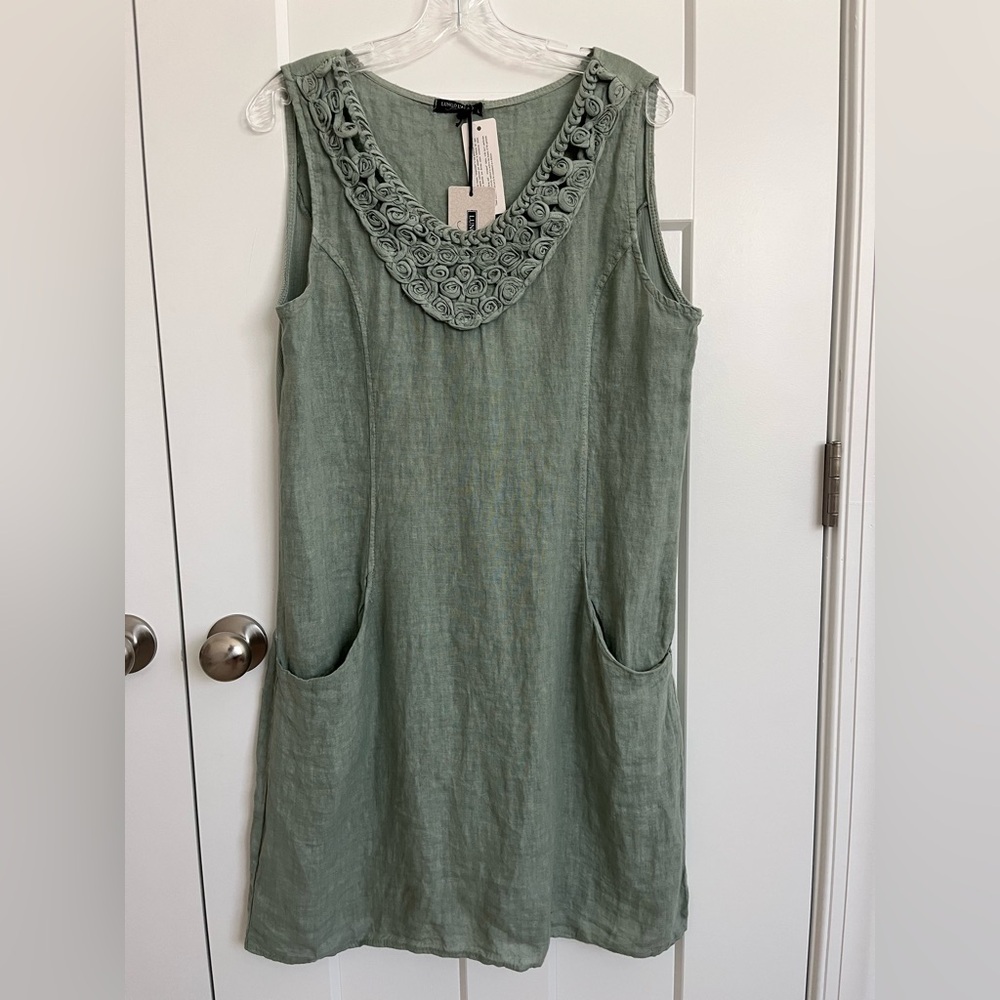 Italian Linen Lagenlook Dress Sage Green Rosette Neck Pockets Boho Made In Italy